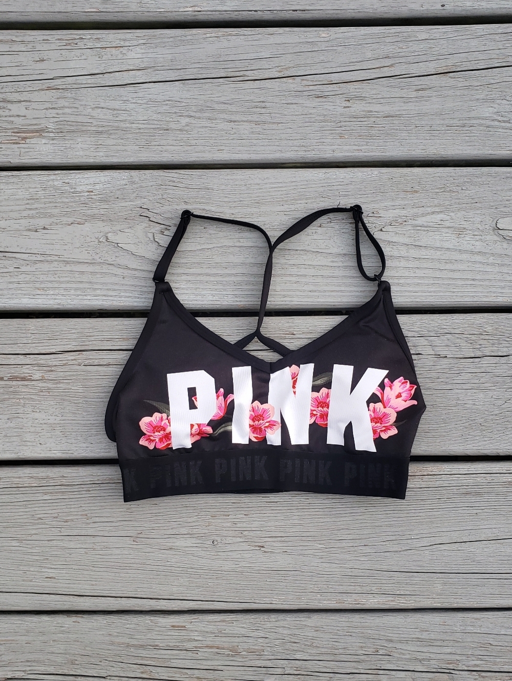 PINK Sport Ultimate Lightly Lined Black Floral Sports Bra - Small